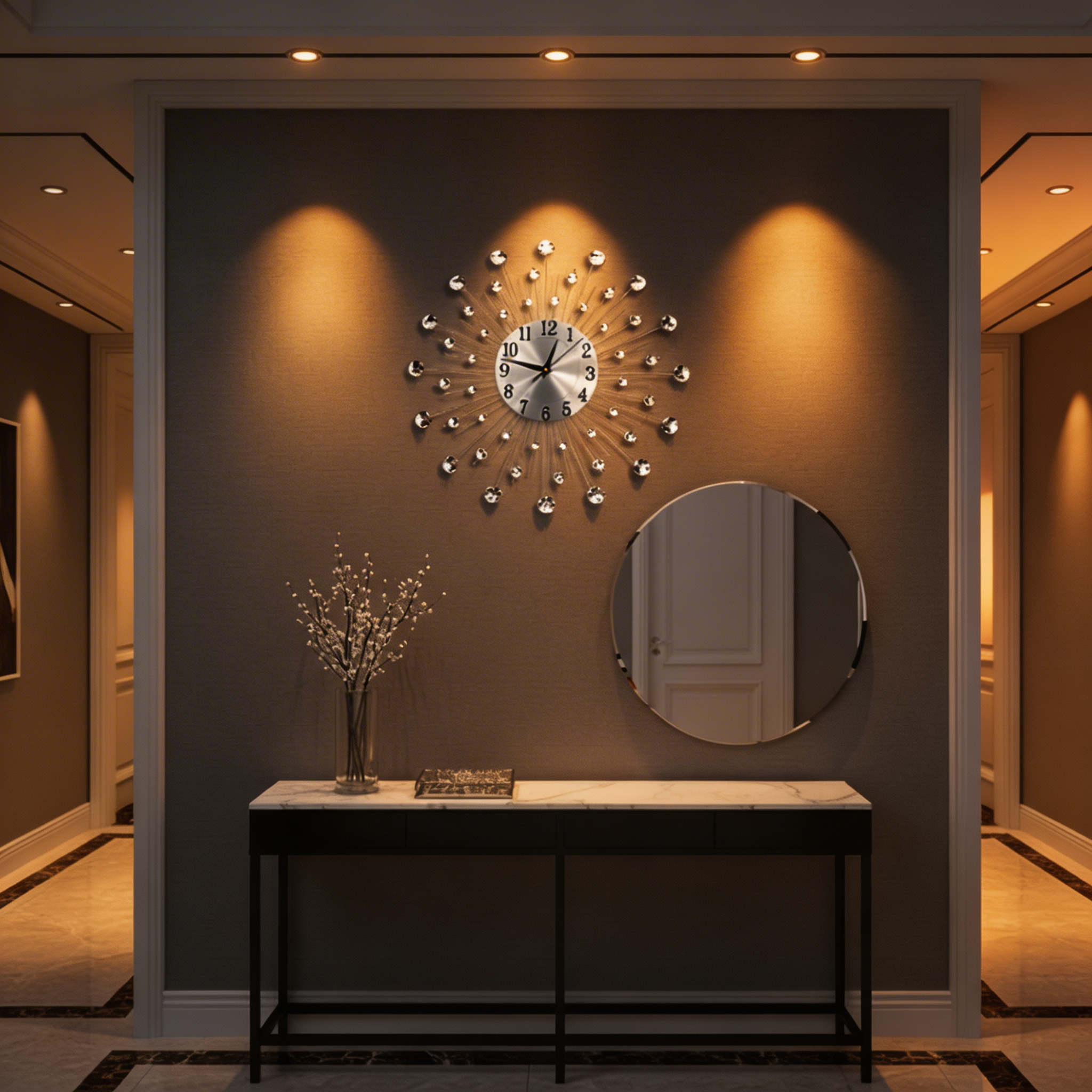 Horloge Murale Moderne avec Accents en Cristal – Design Argent