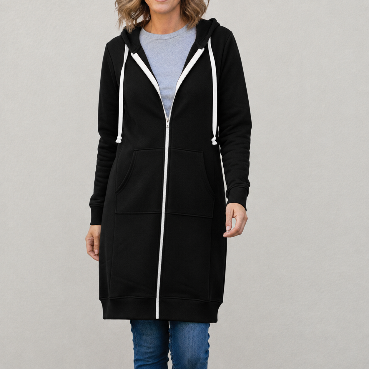 Veronica | Langer Kapuzenpullover mit Reißverschluss