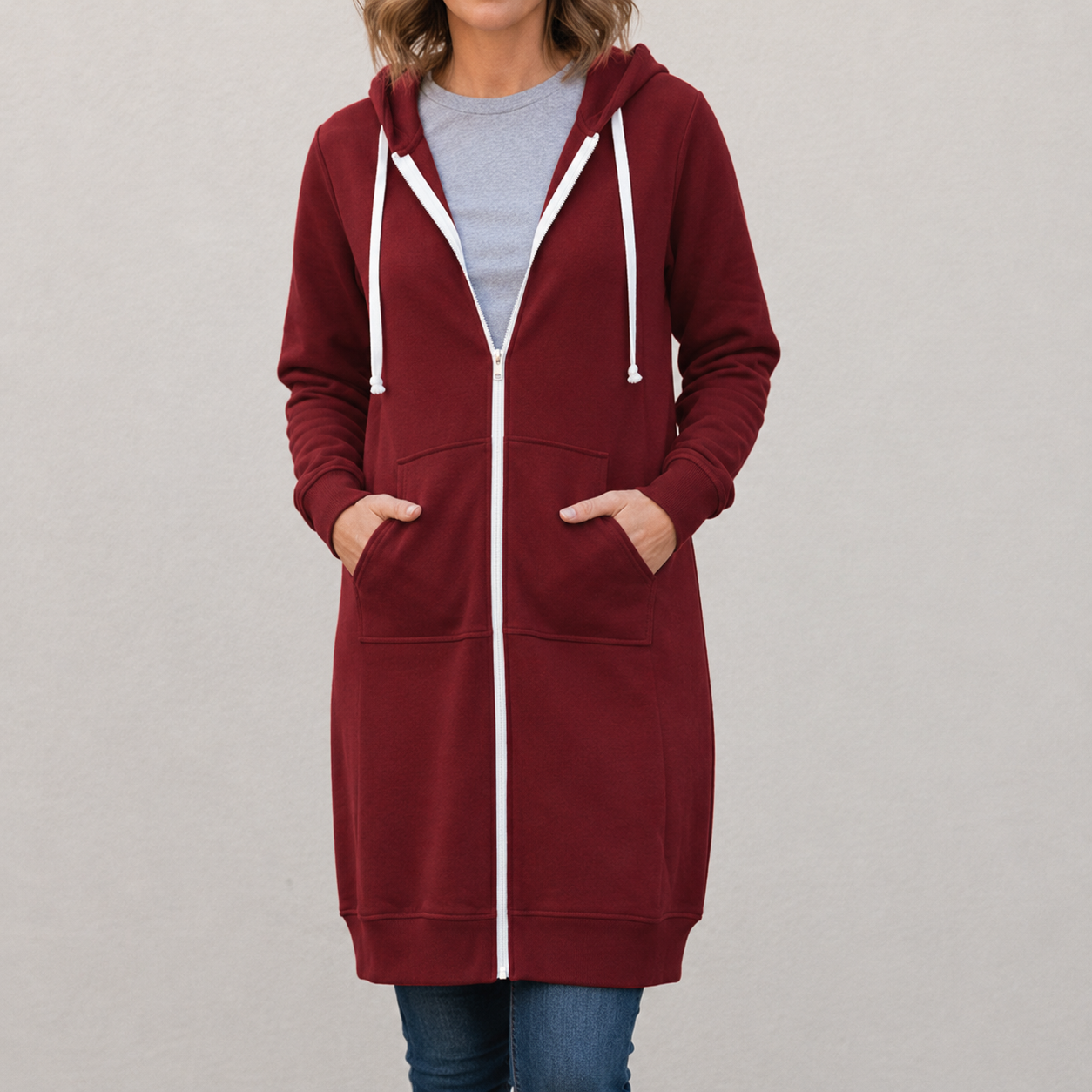 Veronica | Langer Kapuzenpullover mit Reißverschluss