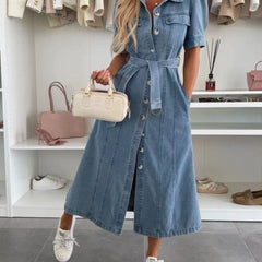 Xalviere | Maxi Denim Jurk met Pofmouwen Knopen