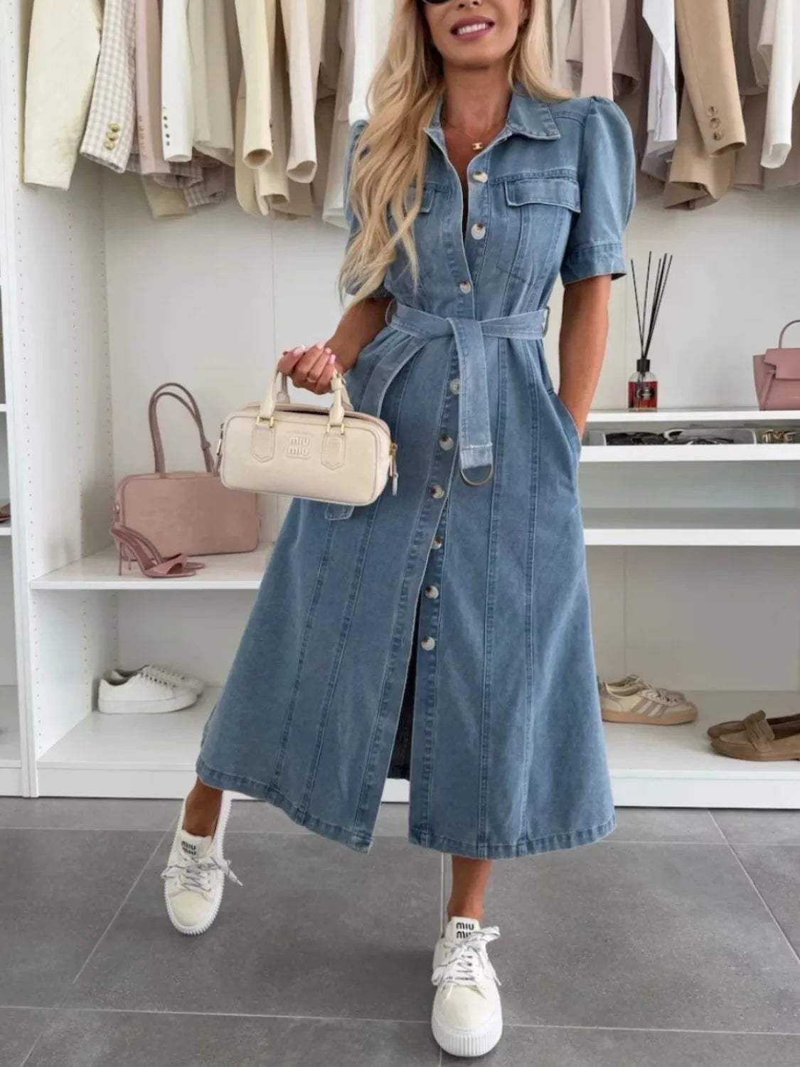 Xalviere | Maxi Denim Jurk met Pofmouwen Knopen