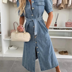 Xalviere | Maxi Denim Jurk met Pofmouwen Knopen