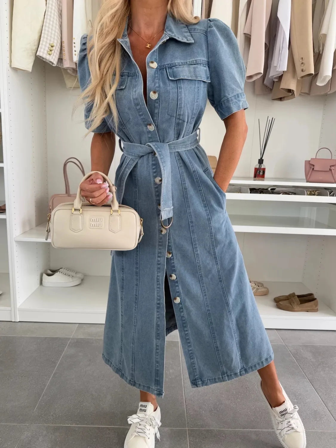 Xalviere | Maxi Denim Jurk met Pofmouwen Knopen