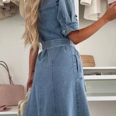 Xalviere | Maxi Denim Jurk met Pofmouwen Knopen