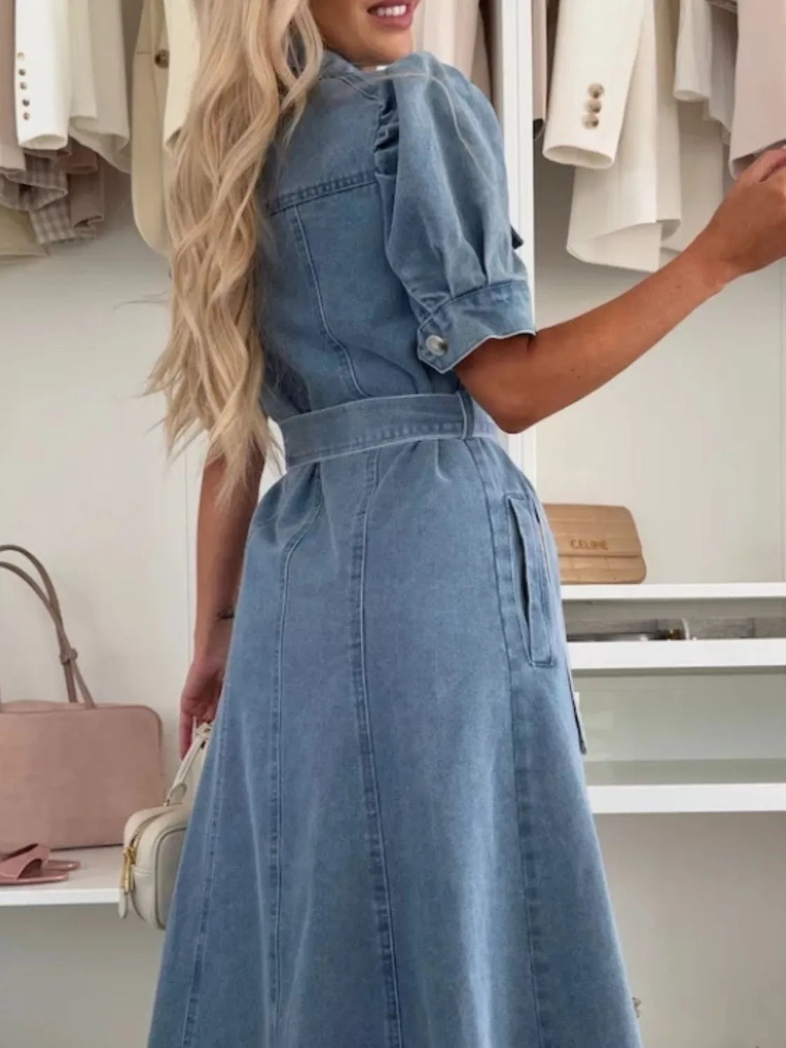 Xalviere | Maxi Denim Jurk met Pofmouwen Knopen