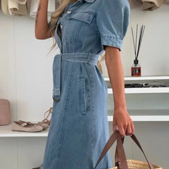 Xalviere | Maxi Denim Jurk met Pofmouwen Knopen