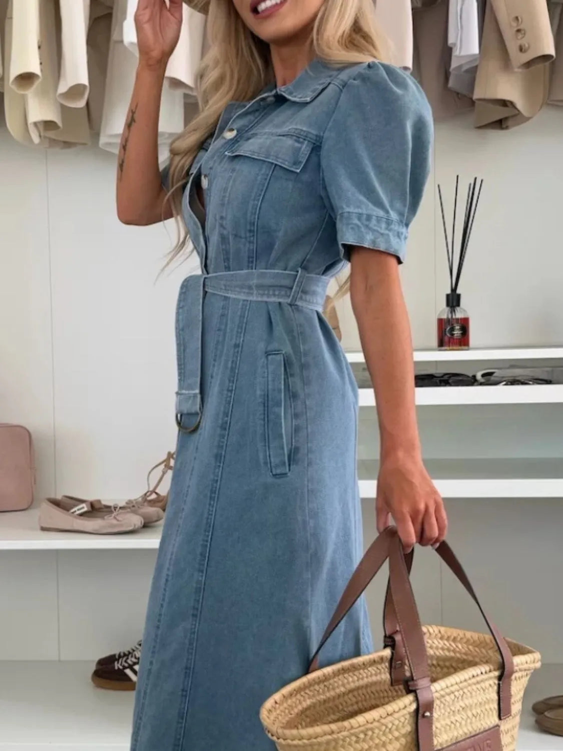 Xalviere | Maxi Denim Jurk met Pofmouwen Knopen