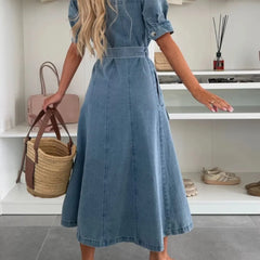 Xalviere | Maxi Denim Jurk met Pofmouwen Knopen