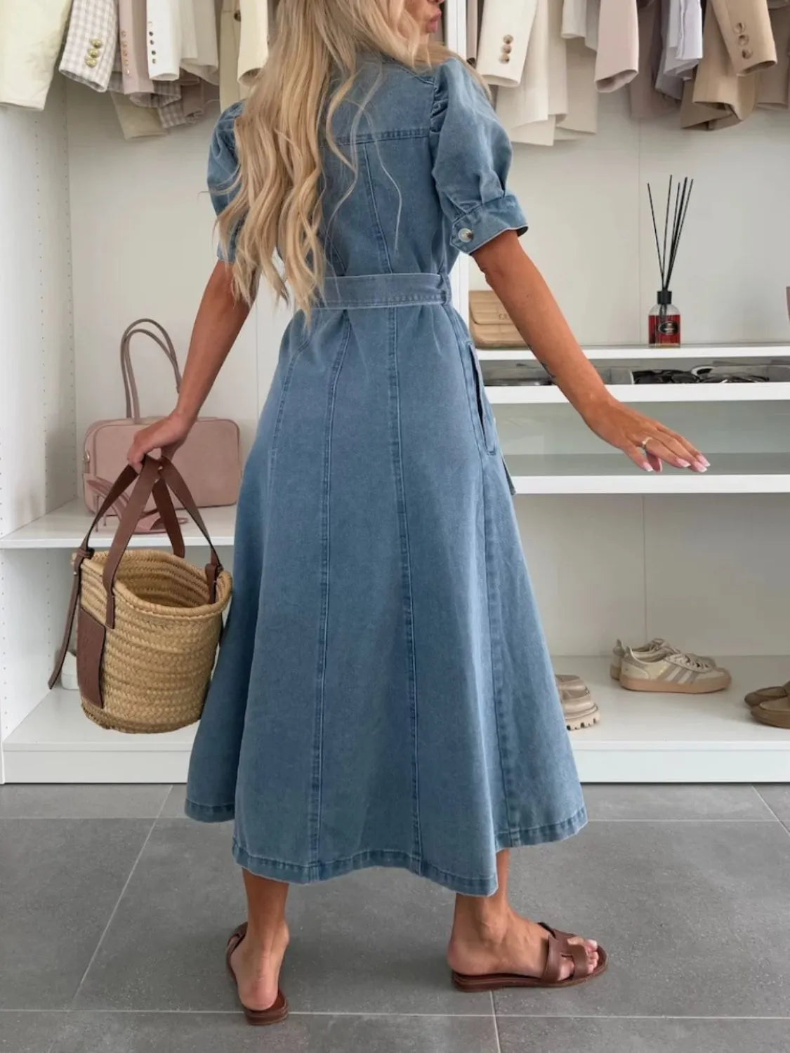 Xalviere | Maxi Denim Jurk met Pofmouwen Knopen