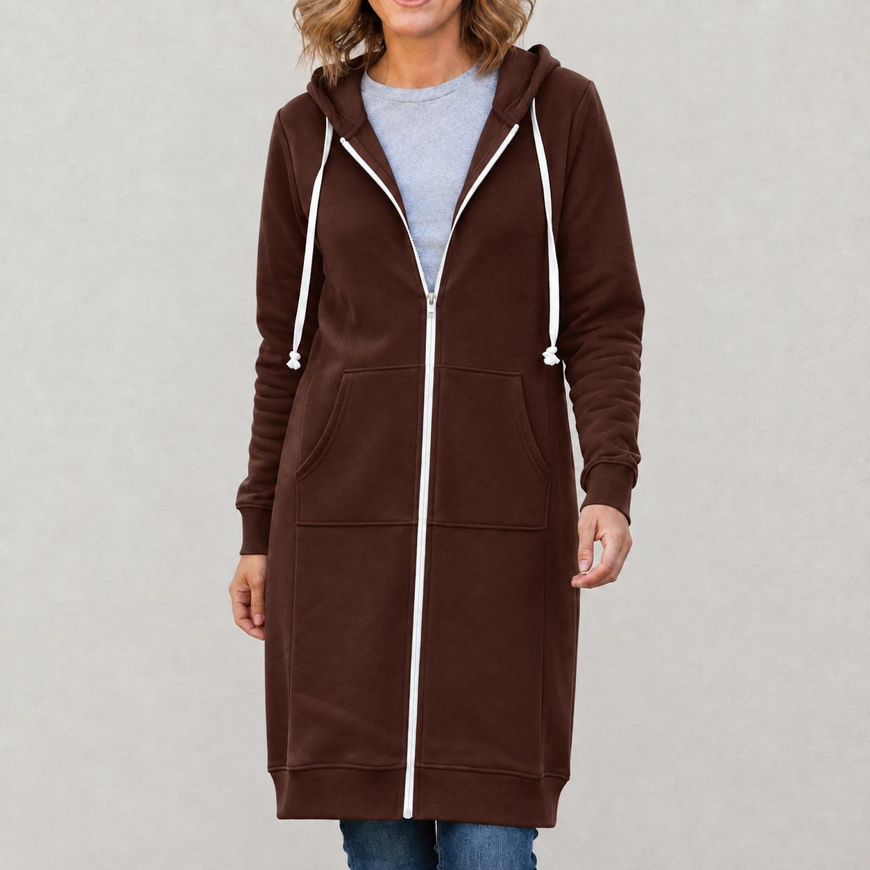 Veronica | Langer Kapuzenpullover mit Reißverschluss