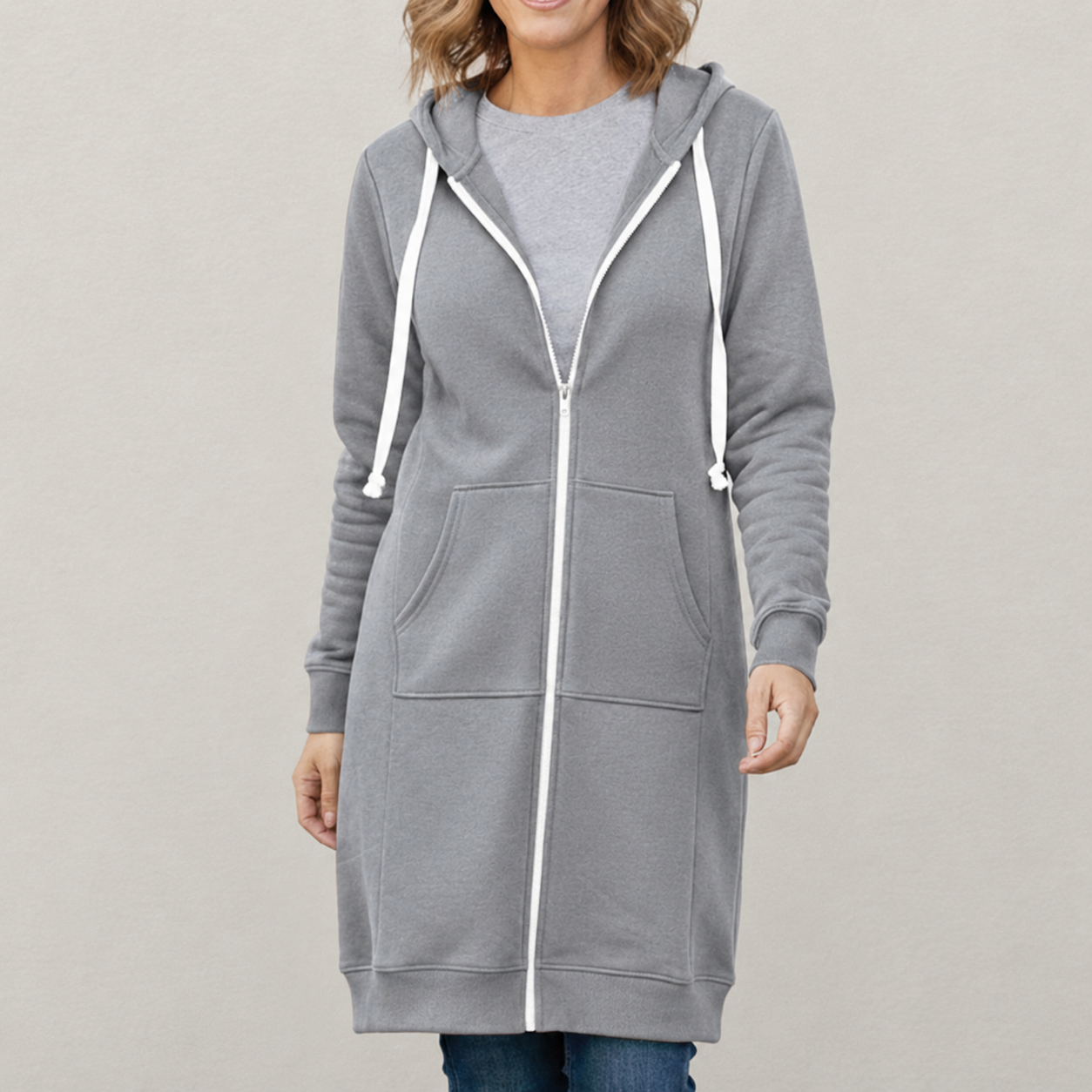 Veronica | Langer Kapuzenpullover mit Reißverschluss
