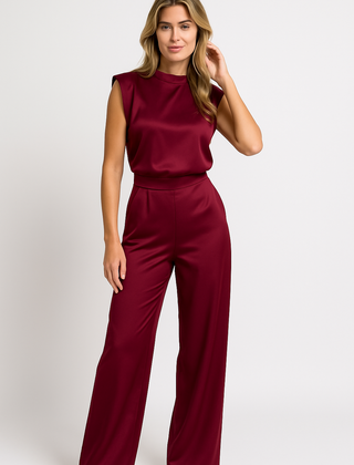 Catharina | Dames Jumpsuit – Luxe Satijnlook, Mouwloos, Wijde Pijpen, Open Rug