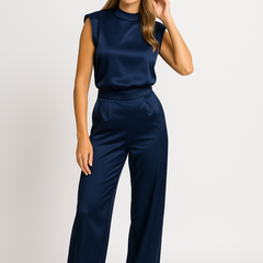 Catharina | Dames Jumpsuit – Luxe Satijnlook, Mouwloos, Wijde Pijpen, Open Rug