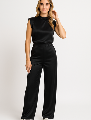 Catharina | Dames Jumpsuit – Luxe Satijnlook, Mouwloos, Wijde Pijpen, Open Rug