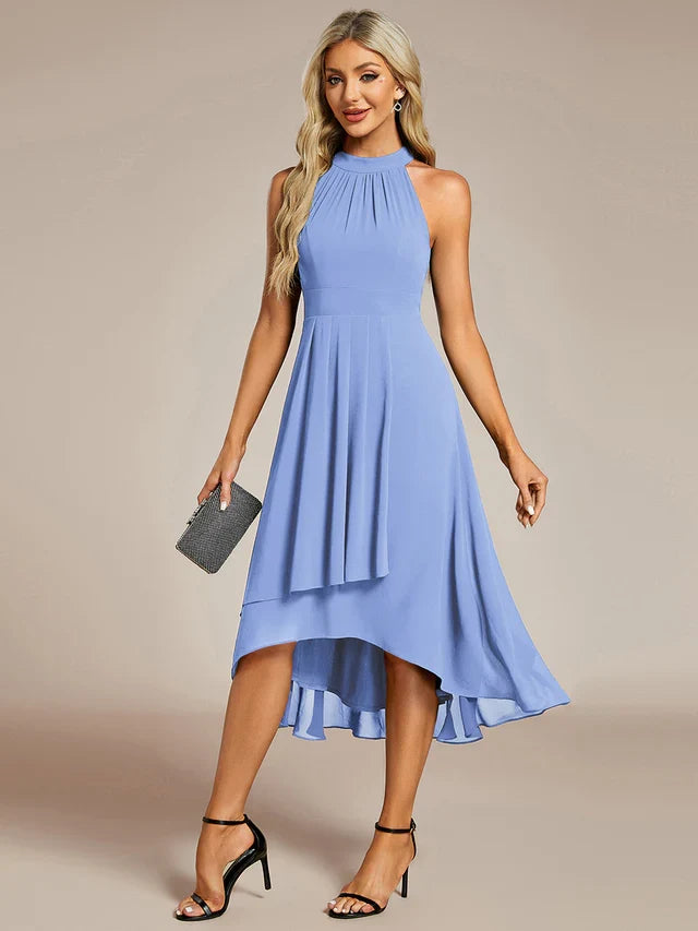 Halter Neck Chiffon A-Line Midi Wedding Guest Dress