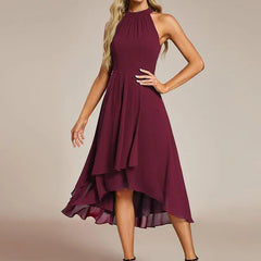 Halter Neck Chiffon A-Line Midi Wedding Guest Dress