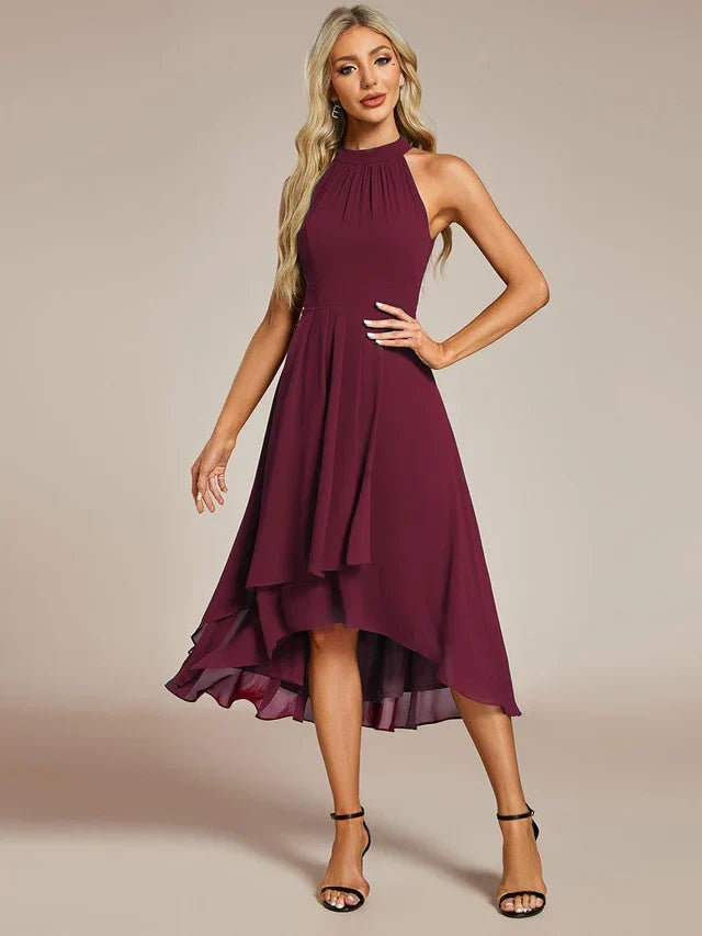 Halter Neck Chiffon A-Line Midi Wedding Guest Dress
