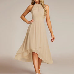 Halter Neck Chiffon A-Line Midi Wedding Guest Dress