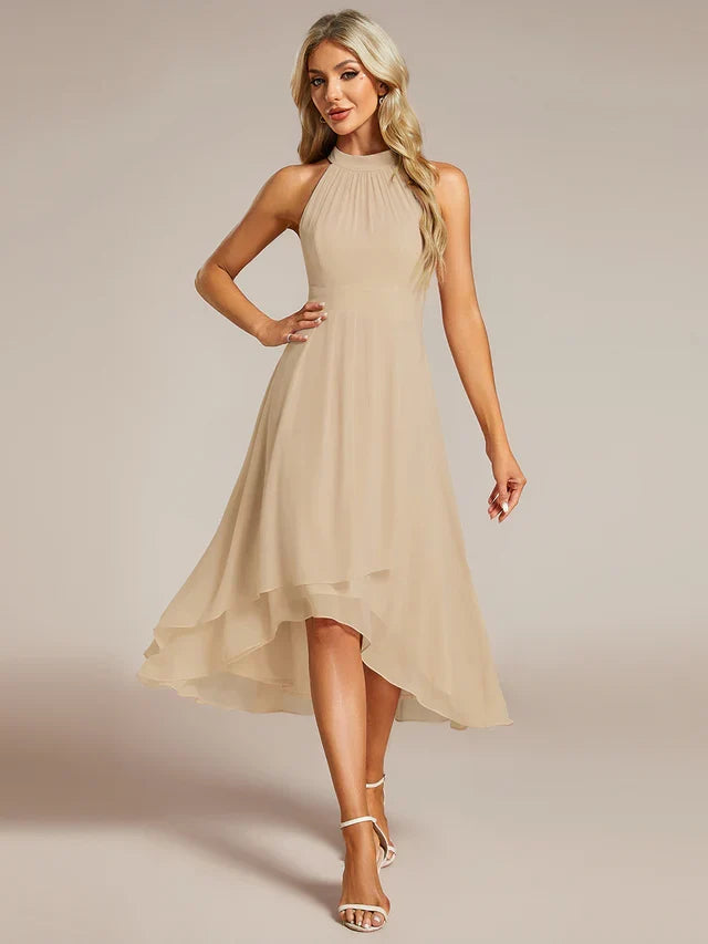 Halter Neck Chiffon A-Line Midi Wedding Guest Dress