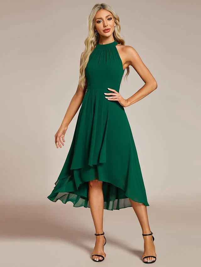 Halter Neck Chiffon A-Line Midi Wedding Guest Dress