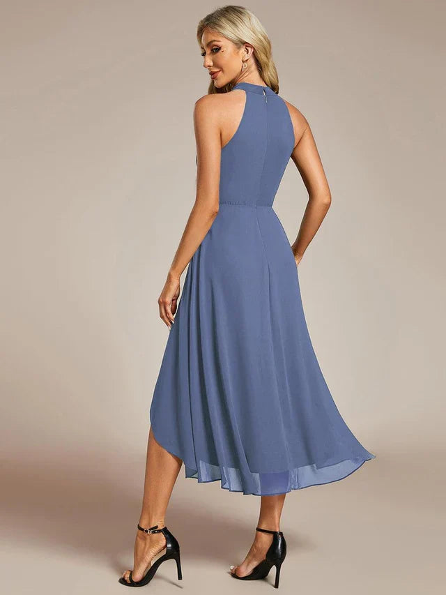 Halter Neck Chiffon A-Line Midi Wedding Guest Dress