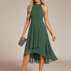 Halter Neck Chiffon A-Line Midi Wedding Guest Dress