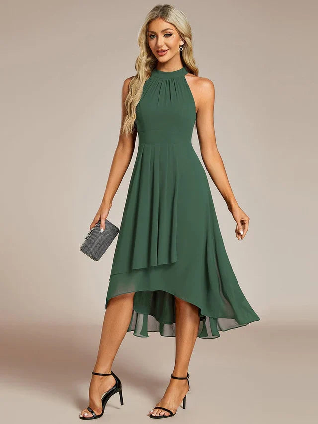 Halter Neck Chiffon A-Line Midi Wedding Guest Dress