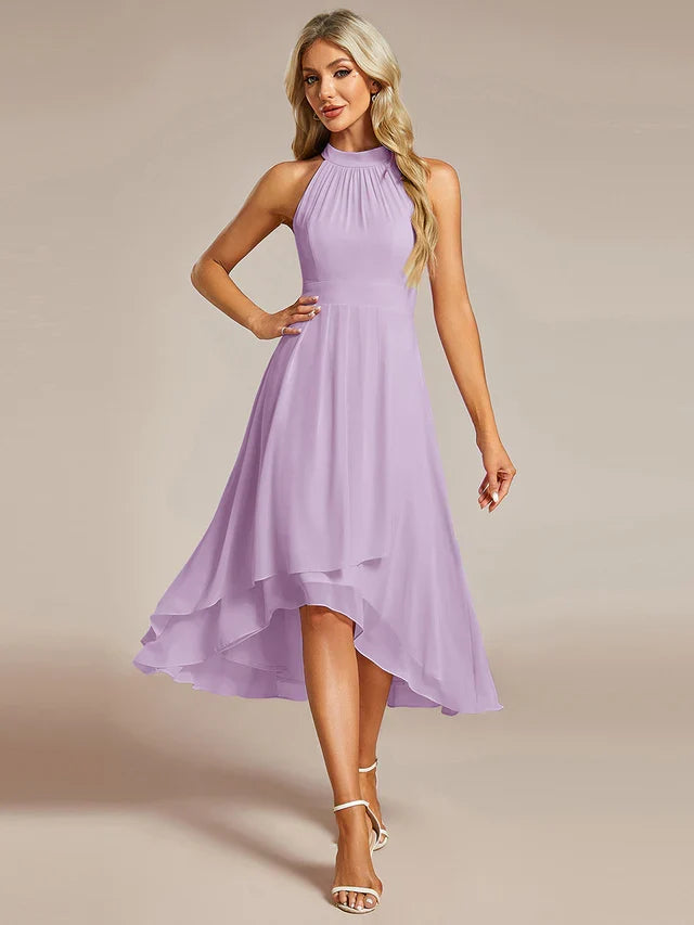 Halter Neck Chiffon A-Line Midi Wedding Guest Dress
