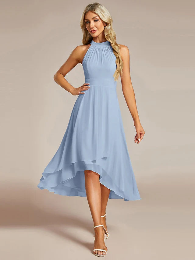Halter Neck Chiffon A-Line Midi Wedding Guest Dress