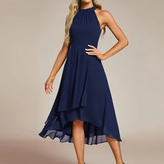 Halter Neck Chiffon A-Line Midi Wedding Guest Dress