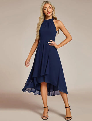 Halter Neck Chiffon A-Line Midi Wedding Guest Dress