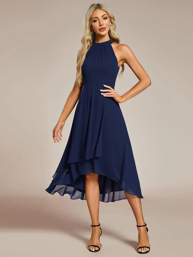 Halter Neck Chiffon A-Line Midi Wedding Guest Dress