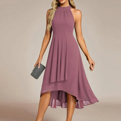 Halter Neck Chiffon A-Line Midi Wedding Guest Dress