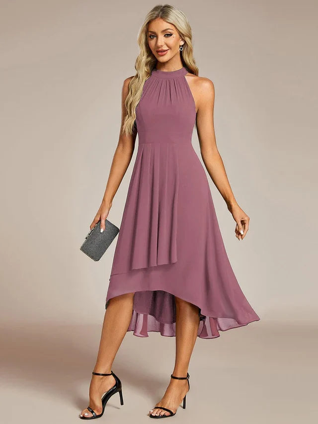 Halter Neck Chiffon A-Line Midi Wedding Guest Dress
