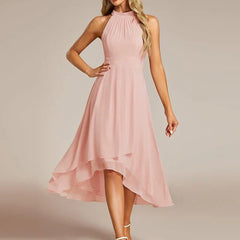 Halter Neck Chiffon A-Line Midi Wedding Guest Dress