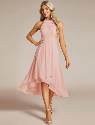 Halter Neck Chiffon A-Line Midi Wedding Guest Dress