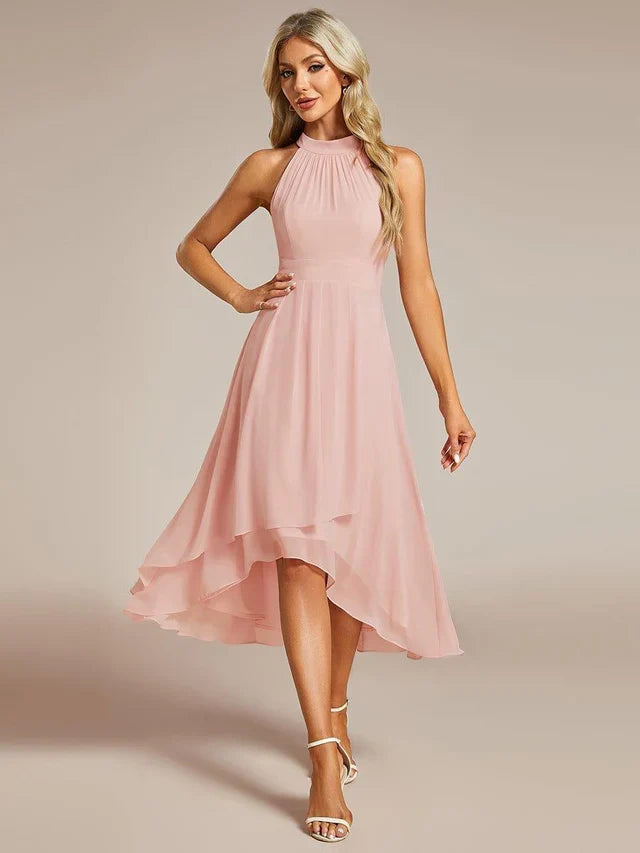 Halter Neck Chiffon A-Line Midi Wedding Guest Dress