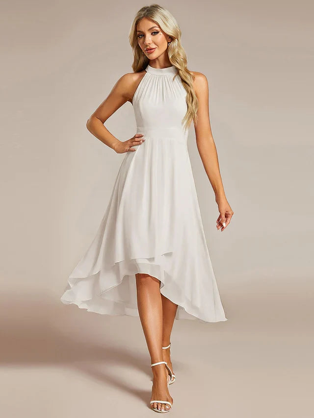 Halter Neck Chiffon A-Line Midi Wedding Guest Dress