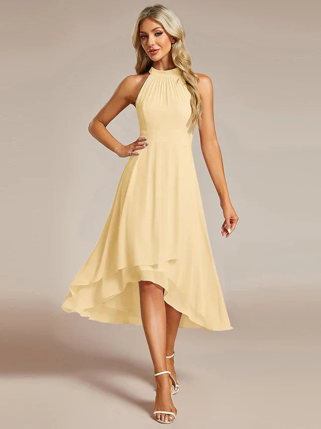 Halter Neck Chiffon A-Line Midi Wedding Guest Dress