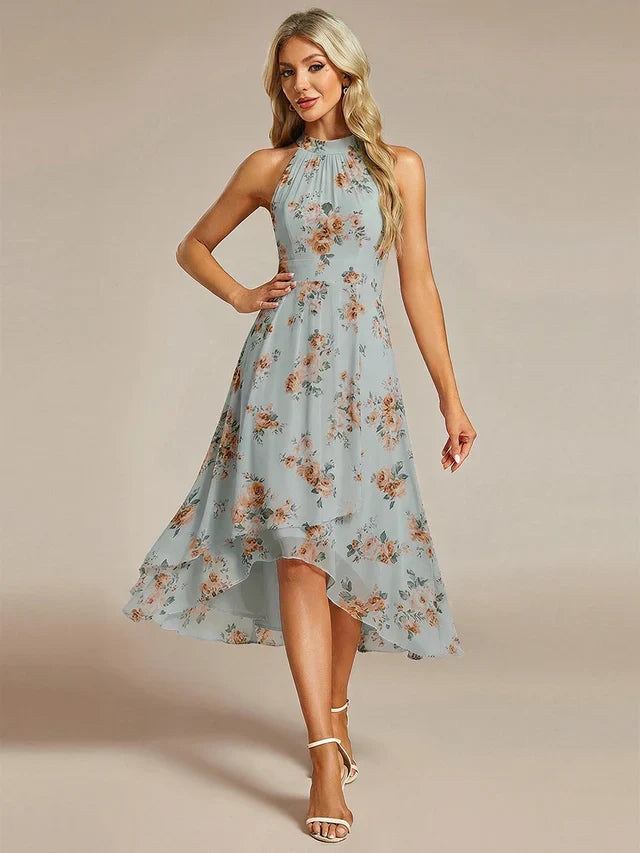 Halter Neck Chiffon A-Line Midi Wedding Guest Dress