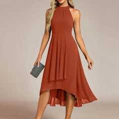 Halter Neck Chiffon A-Line Midi Wedding Guest Dress