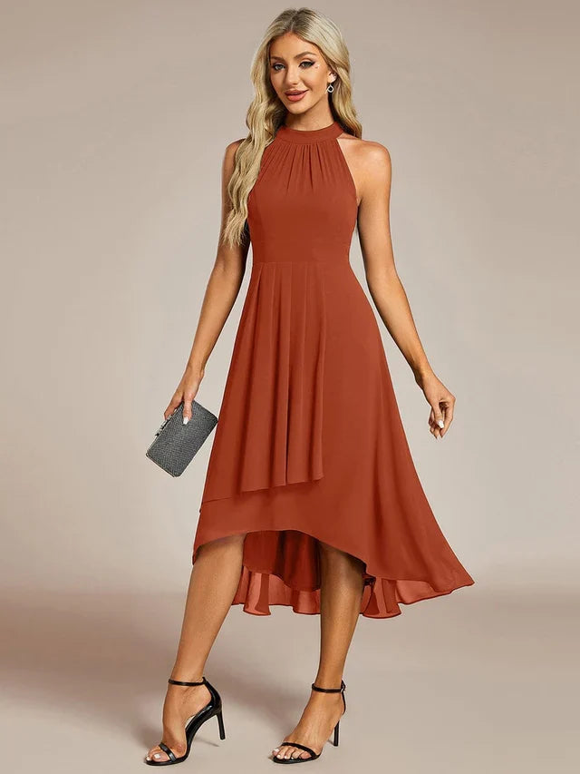 Halter Neck Chiffon A-Line Midi Wedding Guest Dress