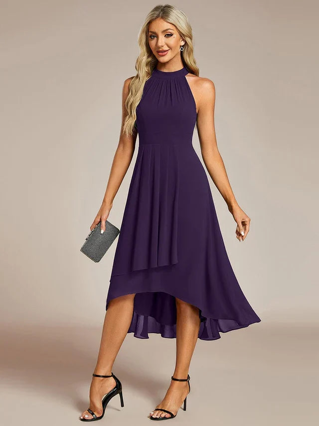 Halter Neck Chiffon A-Line Midi Wedding Guest Dress