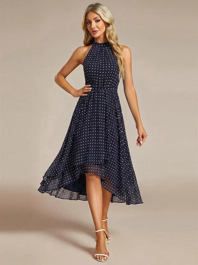 Halter Neck Chiffon A-Line Midi Wedding Guest Dress