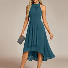 Halter Neck Chiffon A-Line Midi Wedding Guest Dress