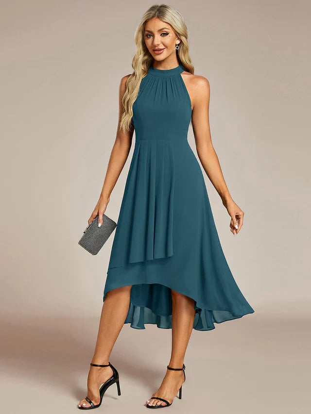Halter Neck Chiffon A-Line Midi Wedding Guest Dress