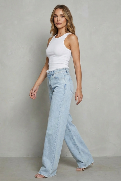 Women's High Waisted Wide Leg Jeans with Raw Hem - Quintessa