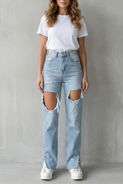 Women's High Waisted Distressed Straight Leg Jeans - Ostrelle
