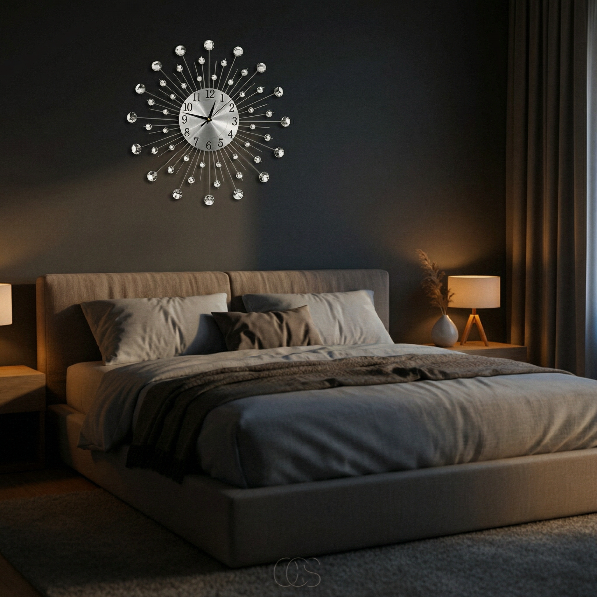 Horloge Murale Moderne avec Accents en Cristal – Design Argent
