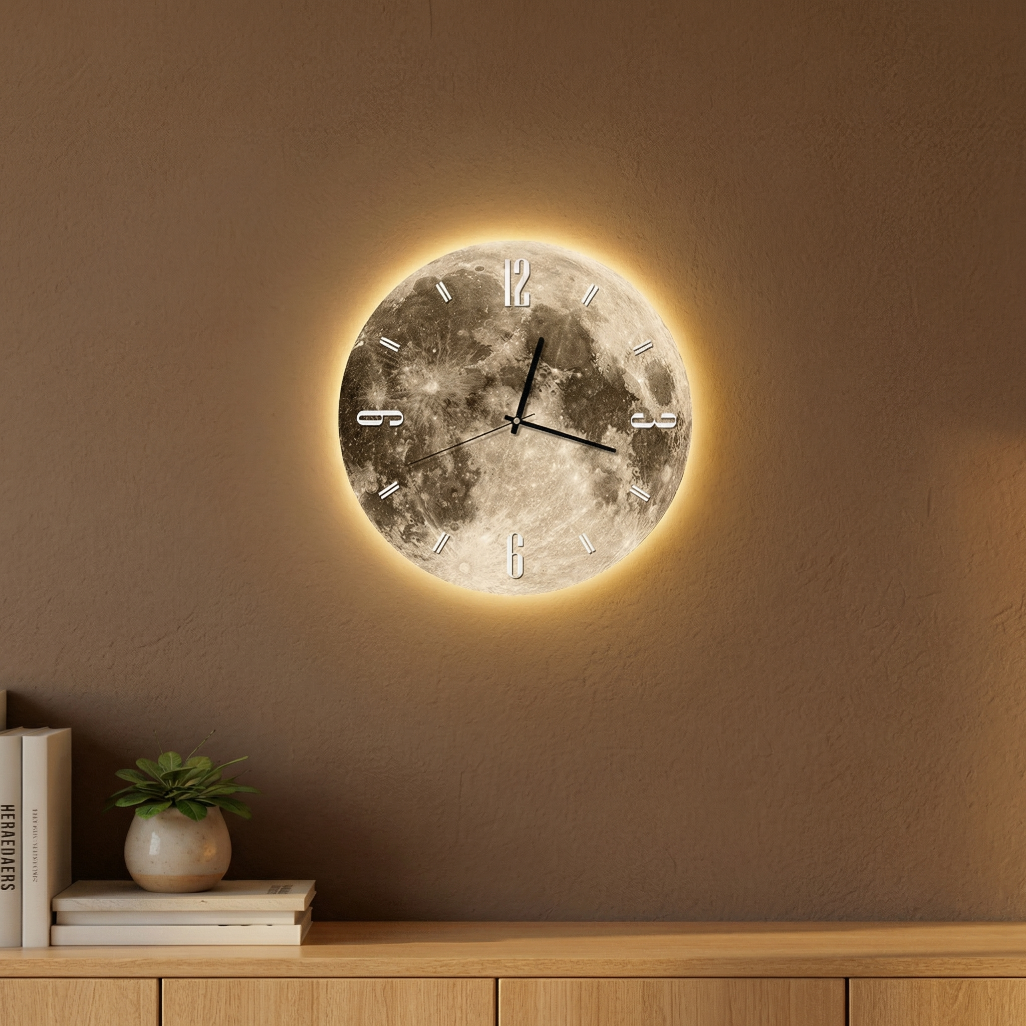 Horloge Murale Lune avec Bord LED – Design d'Éclairage Ambiant